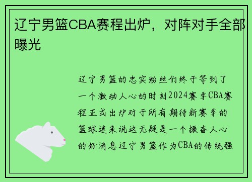 辽宁男篮CBA赛程出炉，对阵对手全部曝光