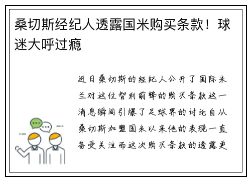 桑切斯经纪人透露国米购买条款！球迷大呼过瘾